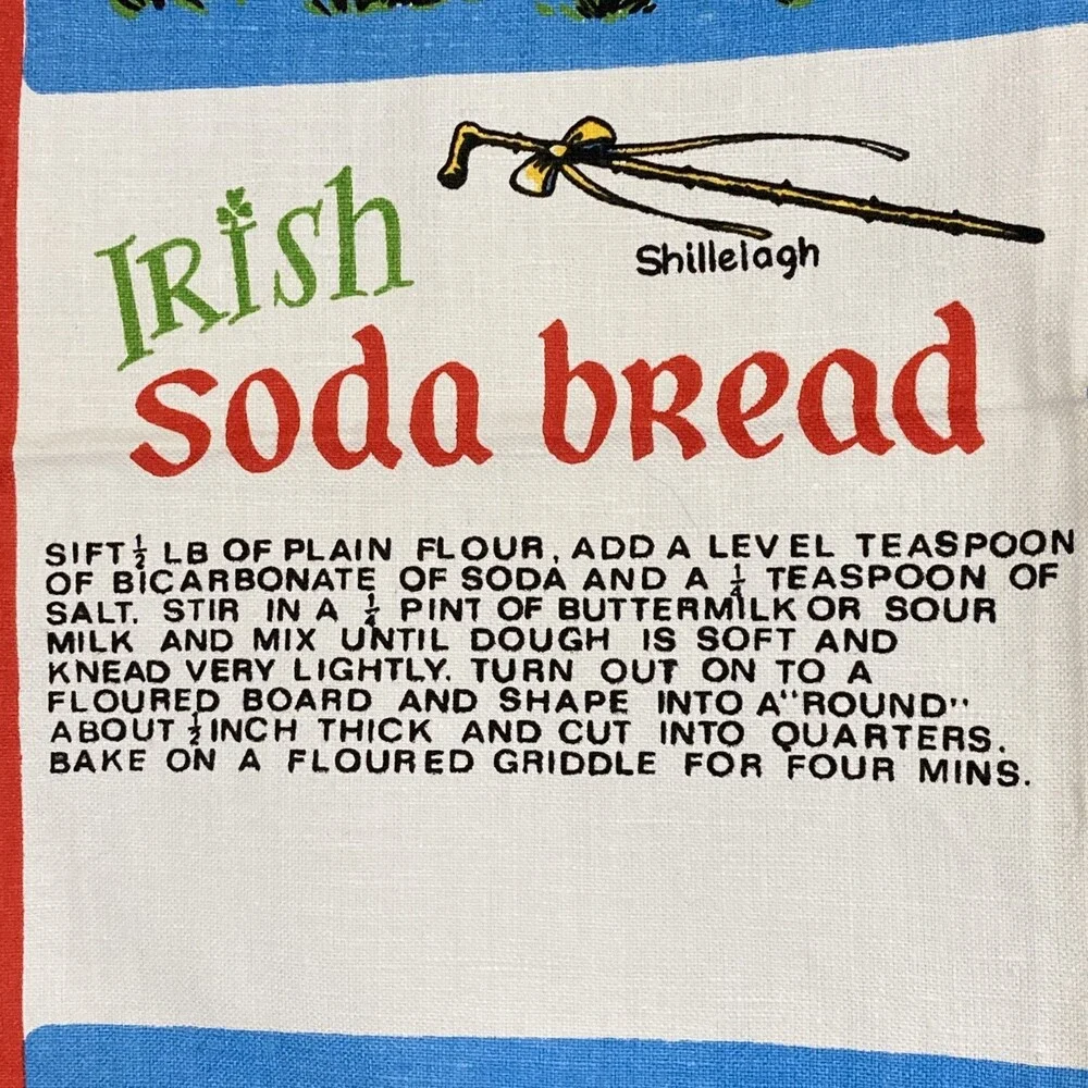 VTG 100% Linen Irish Tea Towel - Coffee Recipes & Elf Soda Bread Design